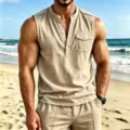Men's summer linen sleeveless vest henley shirt with button pocket and casual beach style top - S / Tops / Khaki