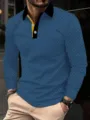 Men's long sleeve polo shirt with geometric print, contrast lapel and button closure. - S / Navy Blue