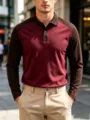 Men's long sleeve color block polo shirt with lapel and button detail, casual autumn wear. - S / Burgundy