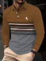 Detail view of men's long sleeve polo shirt, featuring stylish color block stripes. - S / Brown