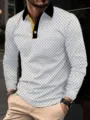 Men's long sleeve polo shirt with geometric print, stylish lapel and contrast placket detail. - S / White
