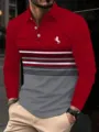 Heren poloshirt met lange mouwen, gekleurd gestreept ontwerp met paardenlogo, casual zakelijke kleding. - S / Rood