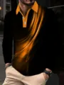 Detailed view of men's long sleeve polo shirt with abstract wave print and contrast collar. - Orange