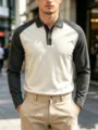 Men's color-block long sleeve polo shirt with lapel and button placket, casual daily wear. - Apricot