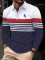 Men's long sleeve polo shirt colorblock striped business casual designer shirt top for spring. - S / White