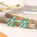 Mint green flower stud earrings with central pearl, elegant enamel design for daily wear. - Green