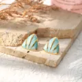 Geometric triangle titanium steel earrings with turquoise enamel and gold rim minimalist style. - Green