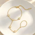 Elegant Gold Pearl Slave Bracelet Beaded Finger Hand Chain Minimalist Chic Jewelry Gift - Five-Pearl Hand Chain Bracelet
