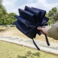 Windproof folding umbrella solid color automatic sun rain umbrella with strong multi ribs. - Black