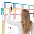 Detailed view of 2026 annual wall planner showing a person writing schedule with markers. - Undated Colorful Planner Calendar