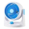 Compact desktop air circulation fan with adjustable speed knob and vibrant blue blades for home. - Blue & White