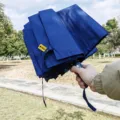 Dark blue compact three-fold sun umbrella with UPF50+ protection for outdoor daily travel. - Navy Blue