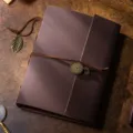 Vintage DIY brown leather photo album with clock pendant, handmade couple memory book variant. - 18x23cm / Coffee