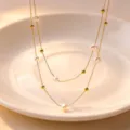 Elegant double layer pearl necklace with gold beads, titanium steel clavicle chain jewelry. - Oval Pearl Style