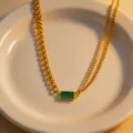 Gold titanium steel emerald necklace for women, minimalist chic irregular chain jewelry set. - Necklace