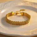 Gold titanium steel woven mesh chain bracelet detail, stylish chunky jewelry for women daily wear. - Bracelet / Gold