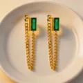 Gold-plated green crystal geometric drop earrings with elegant chain tassel design, detail view. - Earrings