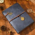 Vintage dark blue leather photo album, handmade DIY scrapbook with leaf and clock charms. - 18x23cm / Deep Blue