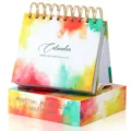 Colorful watercolor perpetual desk calendar with motivational quotes and gift box for office. - Size 8