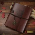 Vintage leather photo album scrapbook with compass embossing and retro metal charms for memories. - Compass Embossed / L / Brown