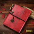Vintage red leather DIY photo album scrapbook with compass embossing and retro metal pendants. - Compass Embossed / L / Red