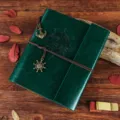 Vintage leather journal notebook with compass embossing and metal charms for diary or photo album. - Compass Embossed / L / Green