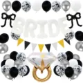 Details of bachelorette party balloon set featuring BRIDE letters, diamond ring and confetti. - Bachelorette Party Set (Black White Gold)