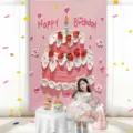 Fondo de tapiz rosa para fiesta de cumpleaños infantil decoración de fotografía de pared interior. - Pastel de Cumpleaños de Fresa (008) / 100x150cm