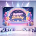Birthday party backdrop with colorful balloons and neon sign design for celebration. - Happy Birthday Style 39 / 150*100CM