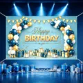 Blue Happy Birthday backdrop banner with balloons and gift boxes for party photography decoration. - Happy Birthday Style 32 / 150*100CM