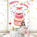 Kinder Geburtstag Party Hintergrund Tuch rosa Karikatur Kuchen Fotografie Kulisse Dekoration. - Geburtstagstorte (004) / 100x150cm