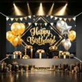 Happy Birthday backdrop black and gold party banner balloons gift boxes photo - Happy Birthday Style 16 / 150*100CM