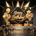 Black gold happy birthday backdrop banner with balloons and gift boxes for party photo. - Happy Birthday Style 17 / 150*100CM