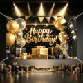 Black and gold Happy Birthday backdrop banner with balloons and gift boxes for party. - Happy Birthday Style 18 / 150*100CM