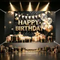 Black gold Happy Birthday party backdrop with balloons and gift boxes for photography. - Happy Birthday Style 19 / 150*100CM