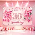 Pink 30th birthday backdrop banner with balloons and gift boxes for party photo background. - Happy Birthday Style 22 / 150*100CM