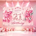 Pink 21st birthday party backdrop banner with balloons and gift boxes for photography decoration. - Happy Birthday Style 21 / 150*100CM