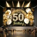 50th birthday backdrop banner with black and gold balloons and gift boxes for party decoration. - Happy Birthday Style 11 / 150*100CM