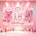 Pink 18th birthday party background banner with balloons and gift boxes for photography decoration - Happy 18th Birthday Style 20 / 150*100CM