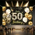 50th Birthday Backdrop Black Gold Balloons Photography Background Banner Party Decoration - Happy 50th Birthday Style 10 / 150*100CM