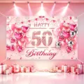 Pink 50th birthday party backdrop banner with shiny diamond numbers and balloons for photo booth. - Happy 50th Birthday Style 24 / 150*100CM