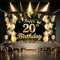 Black and gold 20th birthday backdrop banner with balloons and gift boxes for party decor. - Happy 20th Birthday Style 15 / 150*100CM