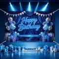 Blue birthday party backdrop banner with neon text balloons and gift boxes for photography. - Happy Birthday Style 44 / 150*100CM / Blue