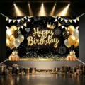 Black and Gold Birthday Backdrop Banner with Balloons Gift Box Party Photography Decoration - Happy Birthday Style 01 / 150*100CM / Black & Gold