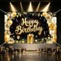 Black and gold birthday backdrop photography background balloon gift box party banner decoration - Happy Birthday Style 02 / 150*100CM / Black & Gold
