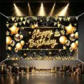 Birthday party backdrop banner with balloons and gift box design for photo booth decor. - Happy Birthday Style 03 / 150*100CM / Black & Gold