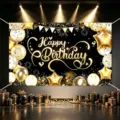 Black gold happy birthday backdrop banner for party photography decoration supplies. - Happy Birthday Style 05 / 150*100CM