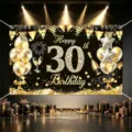 Black gold 30th birthday backdrop banner with balloons and gift boxes for party decor. - Happy 30th Birthday Style 08 / 150*100CM
