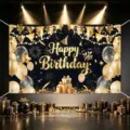 Birthday backdrop banner black and gold party decoration balloons gift boxes photography - Happy Birthday Style 07 / 150*100CM