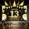 Black and gold 13th birthday party backdrop banner featuring balloons and gift boxes. - Happy 13th Birthday Style 09 / 150*100CM